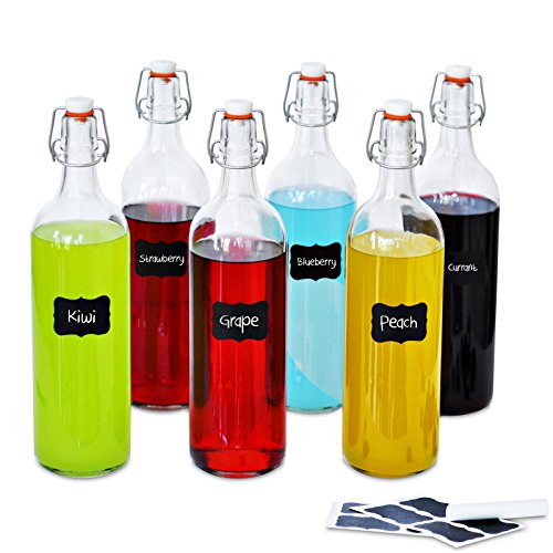 Creative Home Botellas de Cristal 1 Litro | 6 x 1L | Set con Tapa de Clip Hermético | Rellenable para Vino, Agua, Zumo y Cerveza | 8 Pegatinas Reutilizables y 1 Tiza Antipolvo