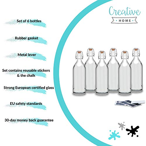 Creative Home Botellas de Cristal 1 Litro | 6 x 1L | Set con Tapa de Clip Hermético | Rellenable para Vino, Agua, Zumo y Cerveza | 8 Pegatinas Reutilizables y 1 Tiza Antipolvo