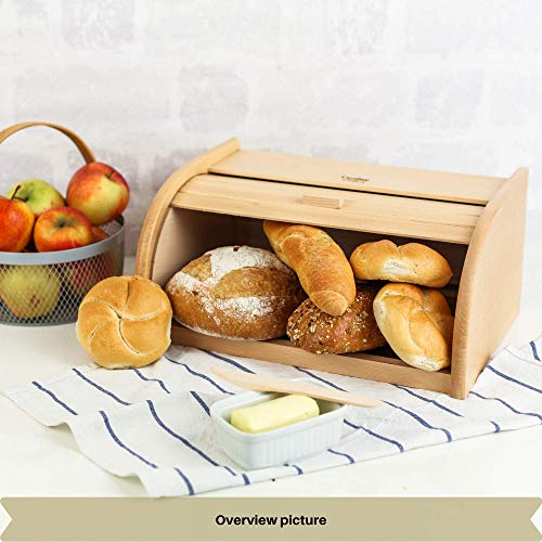 Creative Home Grande Panera Contenedor para Pan de Madera | 40 x 27,5 x 18,5 cm | Madera de Haya Natural | Color Beige | Recipiente con Tapa Enrollada para Guardar Bollos Alimentos Secos