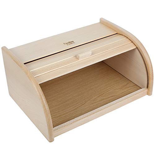 Creative Home Grande Panera Contenedor para Pan de Madera | 40 x 27,5 x 18,5 cm | Madera de Haya Natural | Color Beige | Recipiente con Tapa Enrollada para Guardar Bollos Alimentos Secos