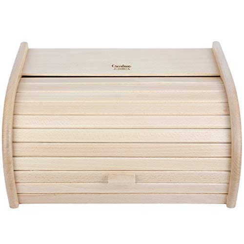 Creative Home Grande Panera Contenedor para Pan de Madera | 40 x 27,5 x 18,5 cm | Madera de Haya Natural | Color Beige | Recipiente con Tapa Enrollada para Guardar Bollos Alimentos Secos