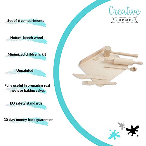 Creative Home Juego de Utensilios de Cocina para Niños | Madera de Haya Natural | Kit de 6 Compartimentos | Set de Herramientas Pequeñas para Cocinar