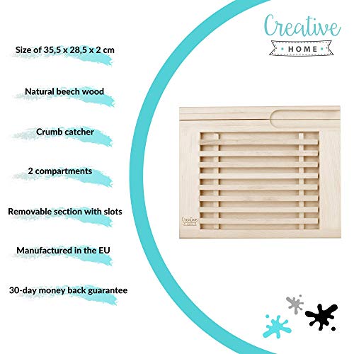 Creative Home Tabla para Cortar Pan de Madera con Recogemigas | 35,5 x 28,5 x 2 cm | con Rejilla Extraíble para Migas | Madera de Haya Natural | Gran Accesorio para Cualquier Cocina