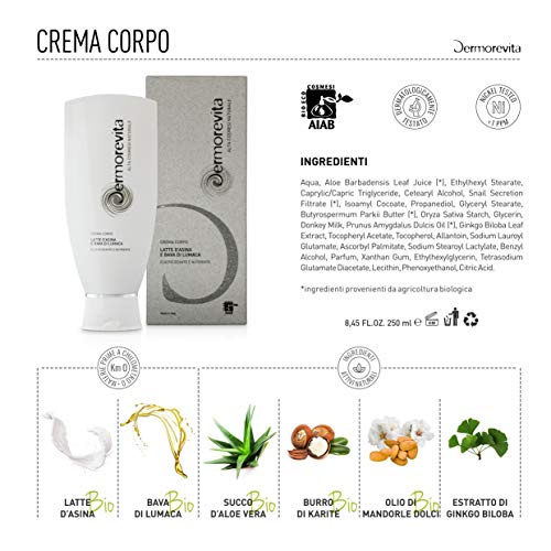 Crema corporal Dermorevita con leche de burro BIO y bava de caracol BIOo, gel bio de aloe, mantequilla biológica karit, almidón de arroz, aceite de almendras dulces BIO, extracto de Ginkgo Biloba