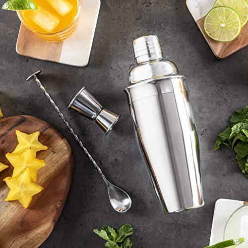 Cresimo Kit Cocteleria Profesional Martini - Juego De 3 Piezas Con Coctelera De 710 ml Con Colador Integrado Mezclador/Agitador Y Libro De Recetas – Estilo Y Alta Calidad En Acero Inoxidable