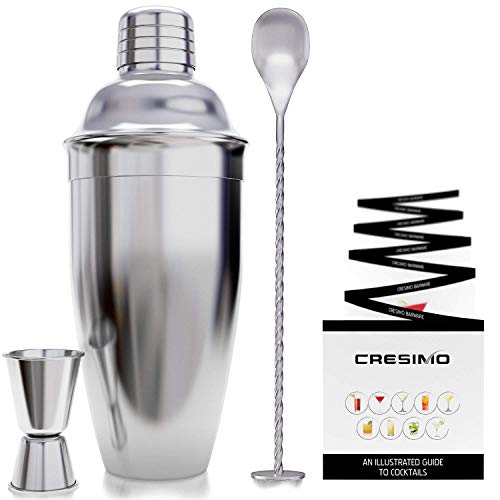 Cresimo Kit Cocteleria Profesional Martini - Juego De 3 Piezas Con Coctelera De 710 ml Con Colador Integrado Mezclador/Agitador Y Libro De Recetas – Estilo Y Alta Calidad En Acero Inoxidable