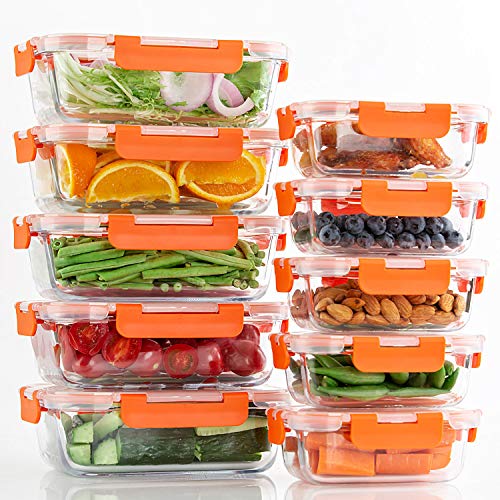 CREST Juego de 10 Recipiente - Contenedor de Almacenamiento de Alimentos de Vidrio - 20 piezas (10 envases + 10 tapas) Para preparar alimentos - Sin BPA