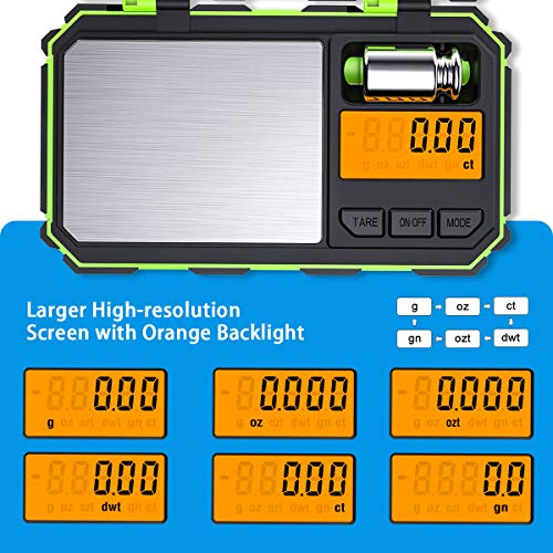 Criacr Báscula de Precisión Digitale, 200 x 0.01g Escala de Bolsillo, Escala de Joyería con Peso de Calibración de 50g, Retroiluminación LCD, 6 Unidades, Función de Tara (Verde)