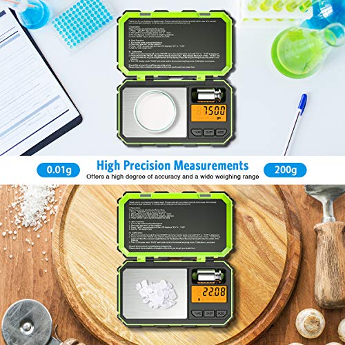 Criacr Báscula de Precisión Digitale, 200 x 0.01g Escala de Bolsillo, Escala de Joyería con Peso de Calibración de 50g, Retroiluminación LCD, 6 Unidades, Función de Tara (Verde)