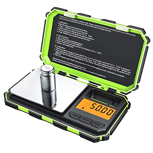 Criacr Báscula de Precisión Digitale, 200 x 0.01g Escala de Bolsillo, Escala de Joyería con Peso de Calibración de 50g, Retroiluminación LCD, 6 Unidades, Función de Tara (Verde)