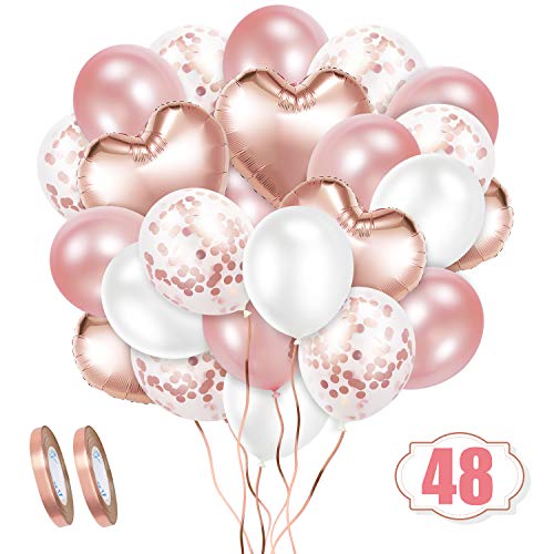 Crislove Globos de Oro Rosa de 48 Piezas, Globos de Papel Aluminio Globo de Látex Globos de Confeti y 2 Extra Cinta de Oro, para Fiestas Cumpleaños y Decoraciones de Bodas