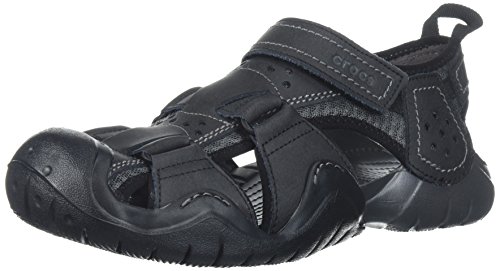 Crocs Men's Swiftwater Leather Fisherman M Flat Sandal, Black/Graphite, 9 M US