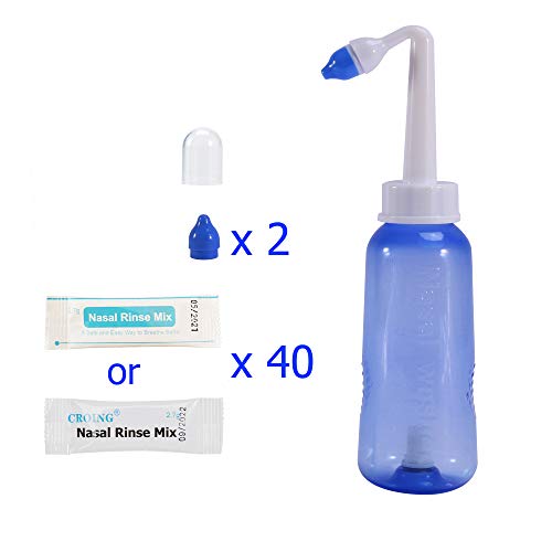 CROING - Botella de 300 ml + 40 paquetes de sal - Neti Pot, Botella de lavado nasal Yoga Nasal Botella Nariz Limpiador Botella Rhinitis alérgica Tratamiento