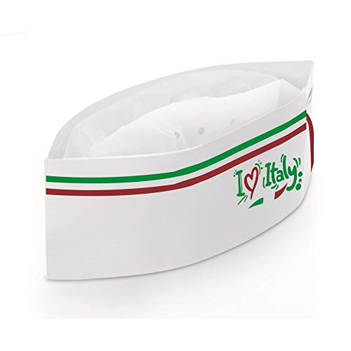 Crown Chef - 100 gorros de cocinero Risto Cap con inscripción "I Love Italy" y bandera tricolor, aptas para el sector de restauración, de papel, ajustables, con banda absorbe sudor