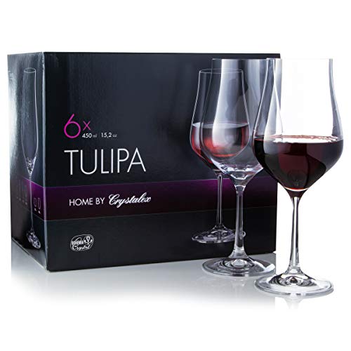 Crystalex - Copas de vino tinto de tallo largo (6 unidades, cristal de forma de tulipán grande, para Bordeaux, Merlot, vino tinto o blanco, copa de vino tinto y elegante, universal, 450 ml