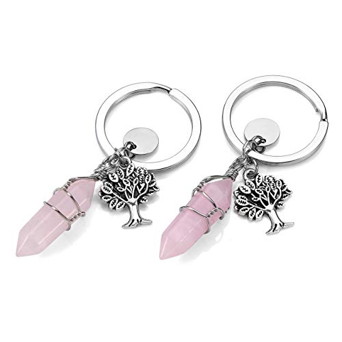 CrystalTears - Llavero con árbol de la vida con colgante de piedra natural hexagonal y anillo de acero inoxidable, regalo para mujer y hombre Quarzo Rosa