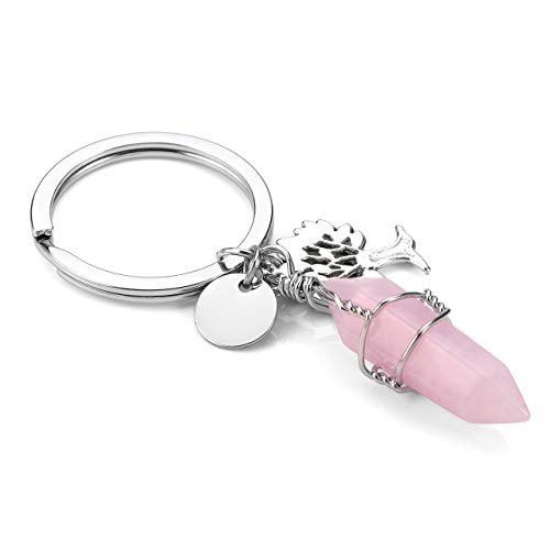 CrystalTears - Llavero con árbol de la vida con colgante de piedra natural hexagonal y anillo de acero inoxidable, regalo para mujer y hombre Quarzo Rosa