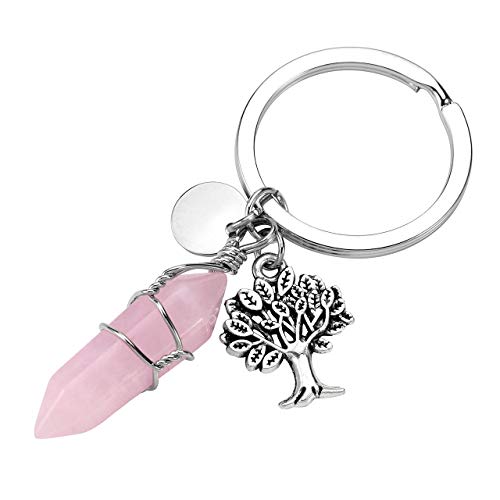 CrystalTears - Llavero con árbol de la vida con colgante de piedra natural hexagonal y anillo de acero inoxidable, regalo para mujer y hombre Quarzo Rosa