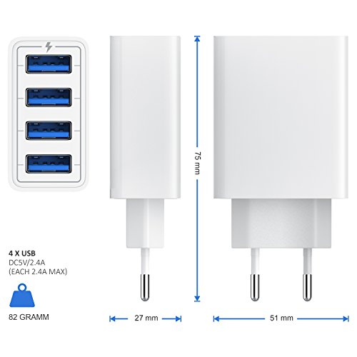 CSL-Computer 5A Cargador de Red Móvil USB 4 Puertos - Fuente de alimentación - Bloque de alimentación USB - Adaptador de Corriente para iPhone x 8 7 iPad Air Pro Samsung Galaxy HTC