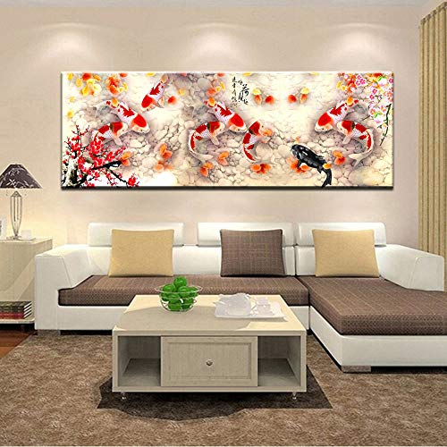 Cuadro de arte de pared Impresión HD Estilo chino Pintura de tinta carpa Flor de ciruelo Resumen Nueve peces Koi Paisaje Lienzo Pintura Cartel Sala de estar Oficina Decoración del hogar