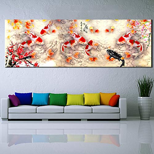 Cuadro de arte de pared Impresión HD Estilo chino Pintura de tinta carpa Flor de ciruelo Resumen Nueve peces Koi Paisaje Lienzo Pintura Cartel Sala de estar Oficina Decoración del hogar