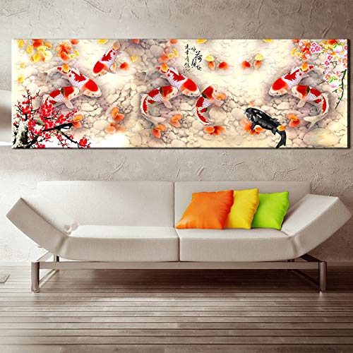 Cuadro de arte de pared Impresión HD Estilo chino Pintura de tinta carpa Flor de ciruelo Resumen Nueve peces Koi Paisaje Lienzo Pintura Cartel Sala de estar Oficina Decoración del hogar