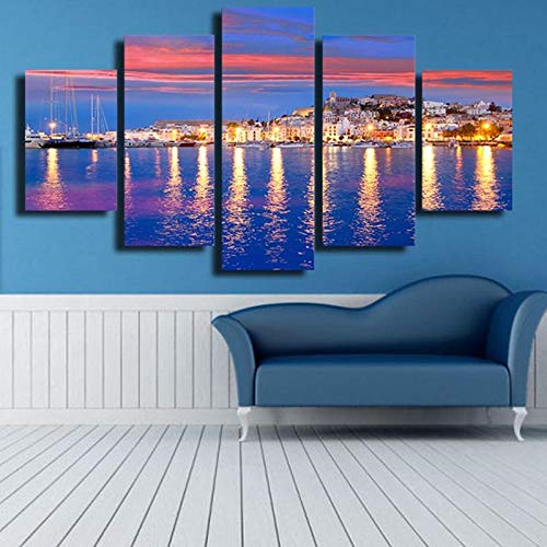 Cuadro de lienzo Cuadro de arte de pared Póster de impresión 5 Hermosa isla de Ibiza Noche Paisaje marino Pintura Decoración del hogar Tela no tejida con marco Pentas MU