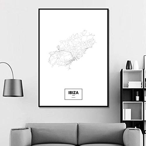 Cuadro En Lienzo,Ibiza Ciudad Mundo Personalizado En Blanco Y Negro Mapa Fotos Póster De Impresión Sobre Lienzo Estilo Nórdico De Arte De Pared De Lienzos Para La Decoración Del Hogar Sin Marco,20