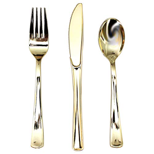 Cubertería Plástico Dorado 180 Piezas Reutilizables 60 Set de Tenedores, Cuchillos y Cucharas - Resistente para Fiestas, Bodas y BBQ - Kit de Utensilios Completo