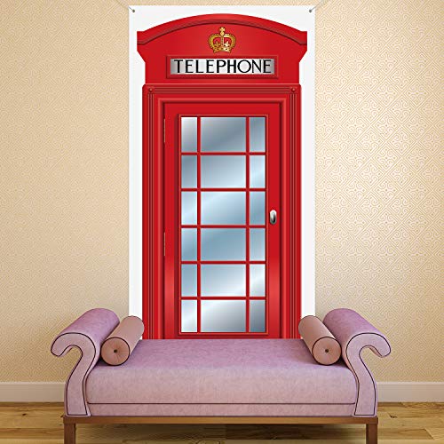 Cubierta de Puerta de Cabina Telefónica Inglesa, Cubierta Grande Cabina Roja Tela Banner Decorativo Caja Teléfono Articulada de Casa para Fondo Foto Fiesta Internacional Inglesa, 78,7 x 35,4 Pulgadas