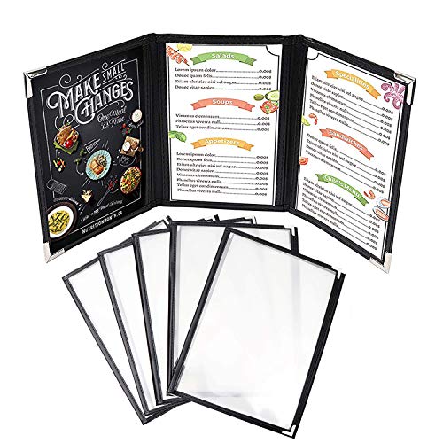 Cubierta Tres Pliegues (Pack de 5) - A4 Vinilo Transparente Tres Pliegues Estilo Americano con Esquinas de Acero Inoxidable para Restaurante, Bar y Cafetería Carpeta Menús