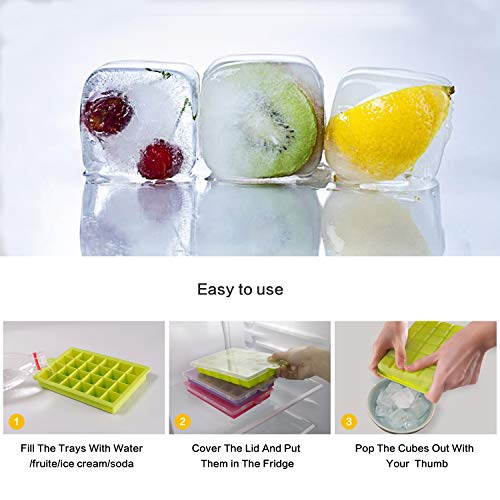 Cubiteras, Paquete de 3 Cubiteras para Hielo Silicona con Tapas, Molde de Cubitos de Hielo de 24 Cubitos por Bandeja de Fácil Liberación para Cóctel, Whiskey, Bebidas, Jugos, libre de BPA