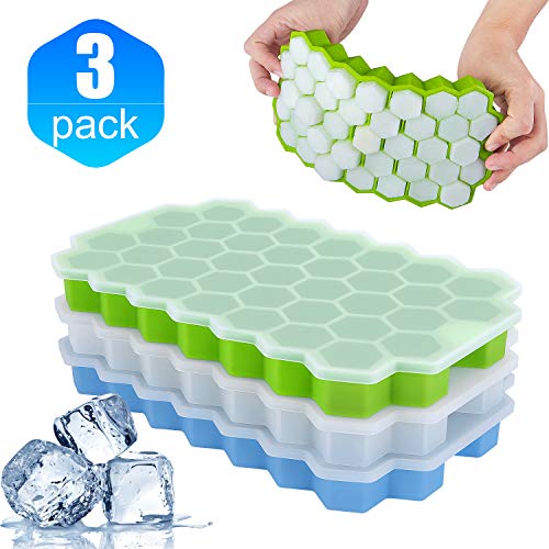 Cubitos de hielo con tapas, 3 unidades, antiderrames, reutilizables, de silicona de grado alimenticio, duraderos, fáciles de liberar y sin BPA, 111 moldes para congelador, alimentos para bebés, agua