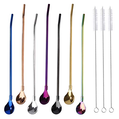 Cuchara de Paja de Acero Inoxidable Juego de 7 Pajitas de Metal Reutilizable Cucharas de Paja Lavables con 3 Cepillo de Limpieza Adecuado para Batido de Café y Cóctel (Multicolor)