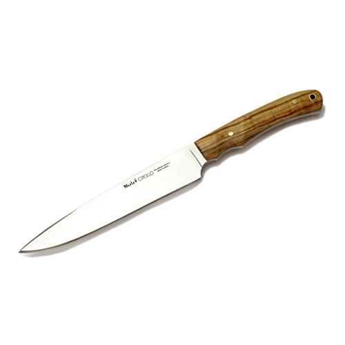 Cuchillo de Caza Muela Criollo CRIOLLO-17.OL, Enterizo, cachas de Madera de Olivo, con Funda de Cuero, Hoja de 17 cm + Tarjeta Multiusos de Regalo