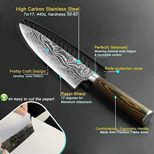 Cuchillo de cocina Herramienta Cleaver Santoku Damasco Dibujo máquina de cortar carne de 8 pulgadas Chef japonés cuchillos 7Cr17 acero inoxidable 440C Conjunto Láser Herramientas de cocina