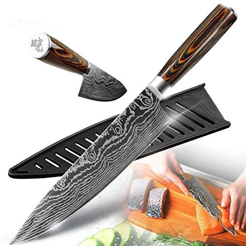 Cuchillo de cocina Herramienta Cleaver Santoku Damasco Dibujo máquina de cortar carne de 8 pulgadas Chef japonés cuchillos 7Cr17 acero inoxidable 440C Conjunto Láser Herramientas de cocina