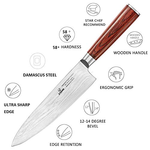 Cuchillo de cocina profesional de 8 pulgadas – 67 capas VG-10 cuchillo de acero Damasco, cuchillo de cocina ultra afilado con mango de madera ergonómico, vaina y caja de regalo de belleza