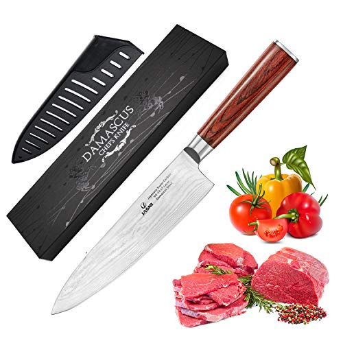 Cuchillo de cocina profesional de 8 pulgadas – 67 capas VG-10 cuchillo de acero Damasco, cuchillo de cocina ultra afilado con mango de madera ergonómico, vaina y caja de regalo de belleza