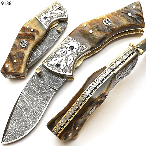 Cuchillo plegable, navaja de bolsillo, cuchillo hecho a mano a medida, cuchillo de acero de hoja de Damasco, con funda de cuero, cuchillo de cocina artesanal, cuchillo de cocina forjado a mano 9138