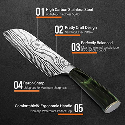 Cuchillo Santoku – Cuchillo japonés cocina cuchillo de chef profesional, hoja de acero alemán, alto contenido en carbono de 7 pulgadas con mango ergonómico y resistente