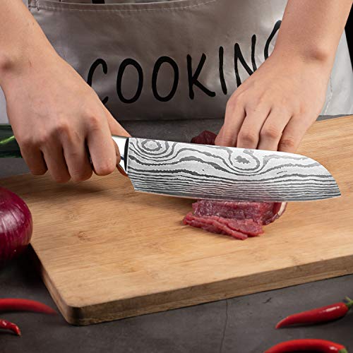 Cuchillo Santoku – Cuchillo japonés cocina cuchillo de chef profesional, hoja de acero alemán, alto contenido en carbono de 7 pulgadas con mango ergonómico y resistente