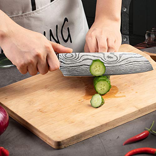 Cuchillo Santoku – Cuchillo japonés cocina cuchillo de chef profesional, hoja de acero alemán, alto contenido en carbono de 7 pulgadas con mango ergonómico y resistente