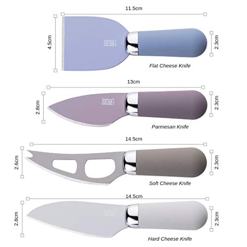 Cuchillos De Queso Taylors Eye Witness - Piedra 4 Piezas De Cuchillo De Queso Con Recubierto Antiadherente, Cuchillas Súper Afiladas Y Asas De Agarre Suave. Incluye Soporte De Madera Magnética Único