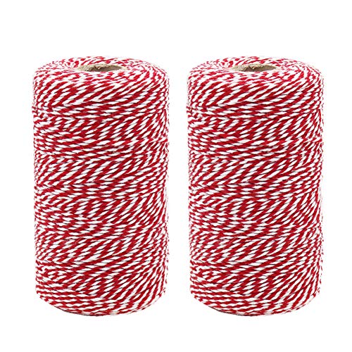 Cuerda de cordel rojo y blanco, 200 m x 2 rollos de cuerda de algodón de Navidad, decorativa, cuerda de panadería duradera, cuerda para envolver regalos