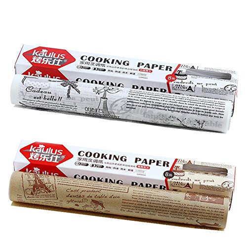 Cuffslee - 2 rollos de papel de pergamino sin blanquear, papel de horno precortado, antigrasa, antiadherente y respetuoso con el medio ambiente, reutilizable, color marrón y blanco