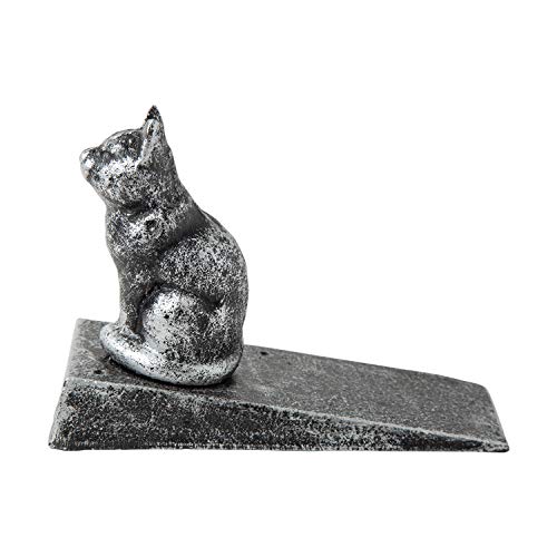 Cuña para puerta de gato de hierro fundido estilo vintage, cómoda | acabado decorativo encantador, parte inferior de fieltro antiarañazos acolchada que protege los suelos | en color plateado con negro