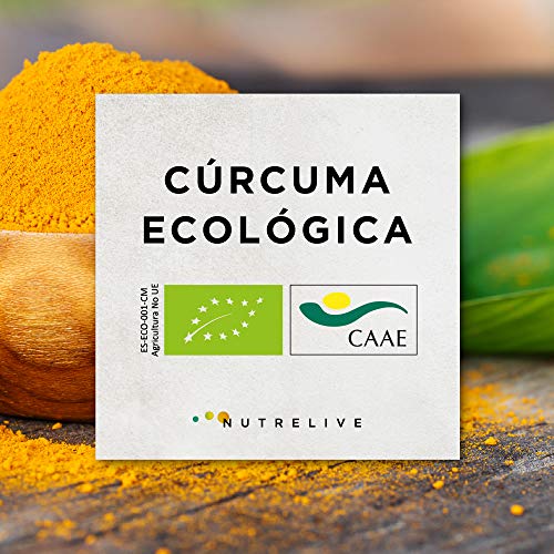 Cúrcuma ECO + Jengibre ECO + Pimienta negra ECO. Producto certificado. Máxima concentración de cúrcuma en cápsulas 1490 mg. Excelente antiinflamatorio Natural y antioxidante. 120 cápsulas vegetales.