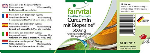 Curcumina + Piperina (Bioperine) 500mg - Extracto de Cúrcuma + Pimienta Negra - VEGANO - 95% de Curcuminoides - 120 Cápsulas - Calidad Alemana