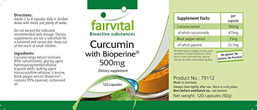 Curcumina + Piperina (Bioperine) 500mg - Extracto de Cúrcuma + Pimienta Negra - VEGANO - 95% de Curcuminoides - 120 Cápsulas - Calidad Alemana